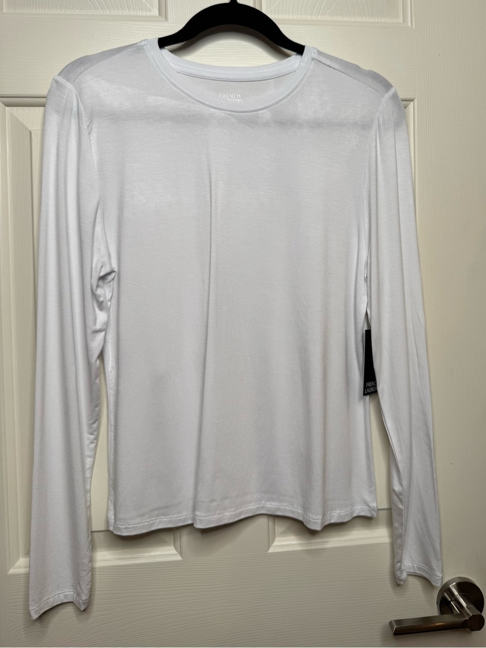 NWT French Laundry White Knit Crew Neck Long Sleeve Stretch Tee Rayon Blend L